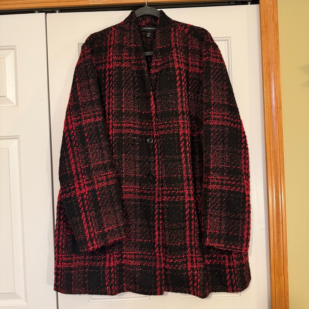 Lane Bryant Red and Black Checkered‎ Tweed Blazer